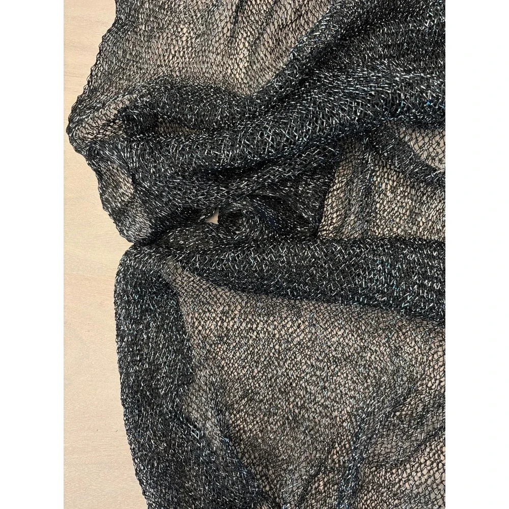 Black Silver Metallic Sparkle Open Weave Mesh Fringe Scarf Wrap Shawl festival